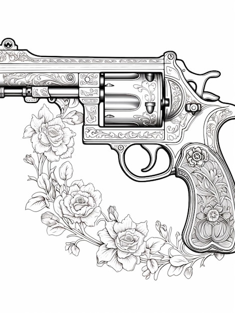 Фото Рисунок револьвера с розами и свиток генеративный аи