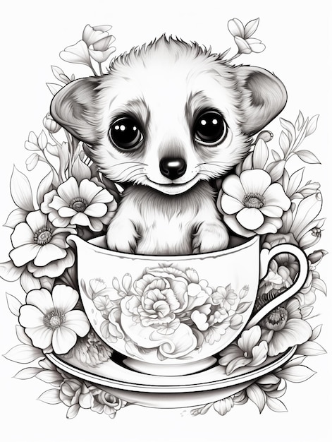 Фото Рисунок маленькой собачки, сидящей в чашке с цветами
