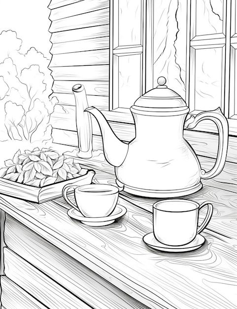 Фото Рисунок чайника и чашки на столе