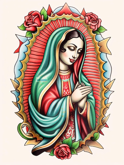 写真 正面にバラを持つ聖母マリアの絵