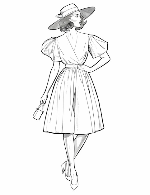 Фото Рисунок женщины в платье и шляпе