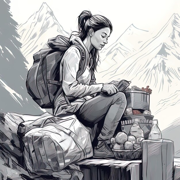 Фото Рисунок женщины, читающей книгу с горами на заднем плане