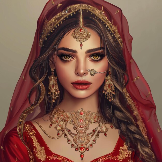 사진 빨간 베일과 머리에 금 십자가를 가진 여자의 그림