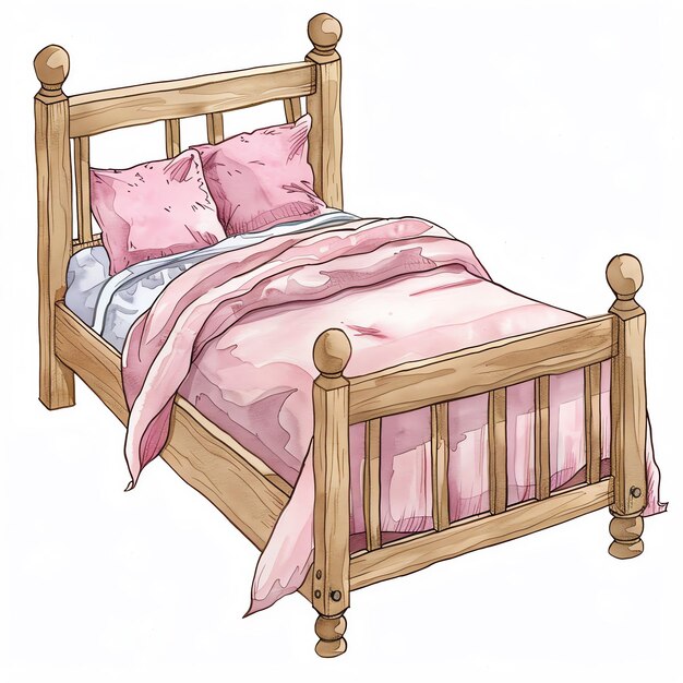 Фото Рисунок деревянной кровати с розовыми и фиолетовыми подушками