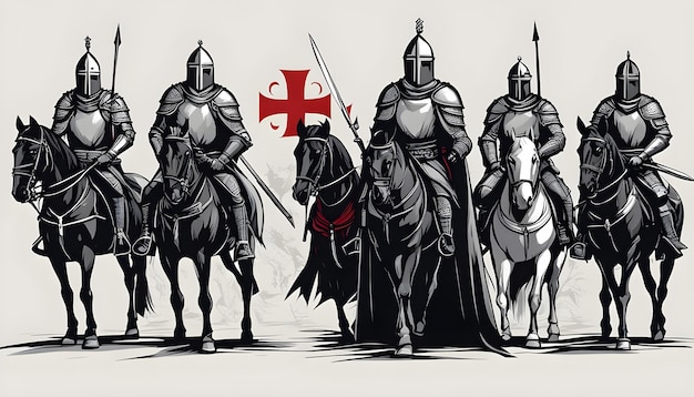 写真 前面に赤い十字架が描かれた騎士と騎士の絵