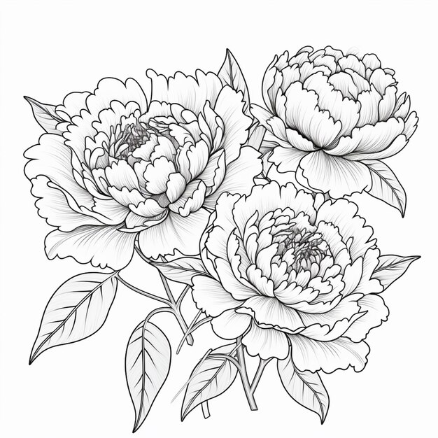 写真 白い背景に葉が付いている3つの花の絵