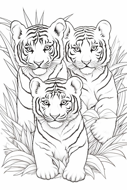 Фото Рисунок трех тигров, сидящих в траве, генеративный ии