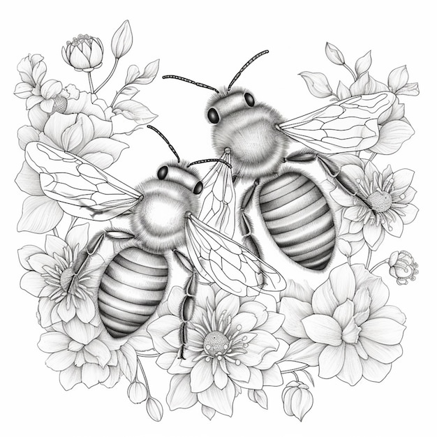 Фото Рисунок двух пчел с цветами и листьями