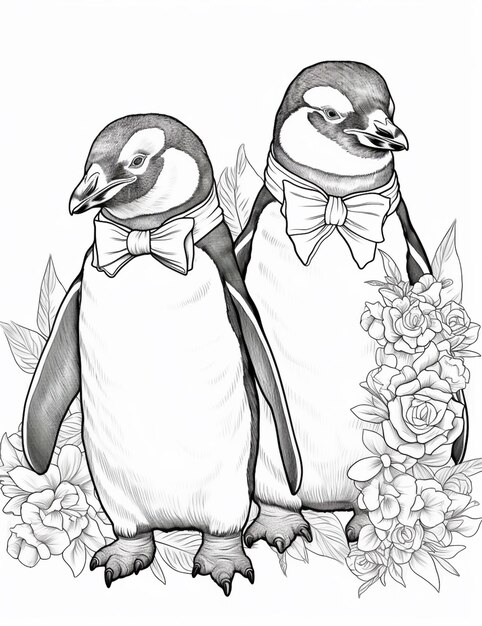 写真 蝶結とバラをつけた2匹のペンギンの絵