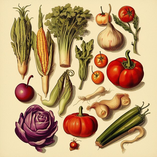 Фото Рисунок овощей, включая морковь, лук, помидоры и лук.