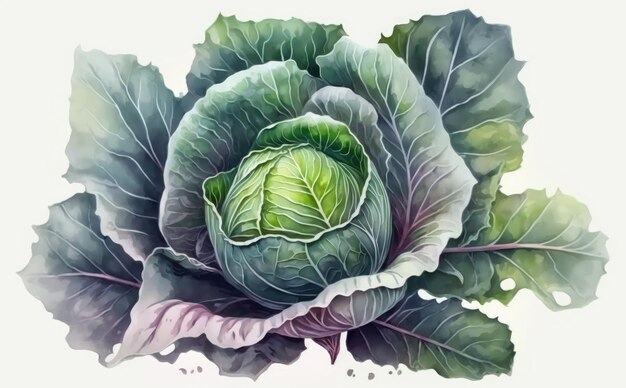 写真 白い背景に描かれたキャベツ 水彩 野菜 有機食品 イラスト ai 生成