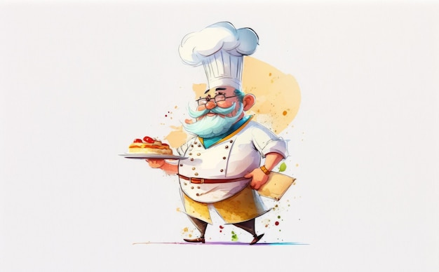 사진 흰색 배경 수채화 레스토랑 삽화에 그려진 남자 요리사 ai 생성