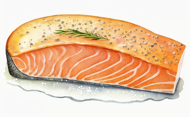 Фото Нарисованный сырой стейк из лосося на белом фоне, акварель, органические морепродукты, иллюстрации, созданные ai