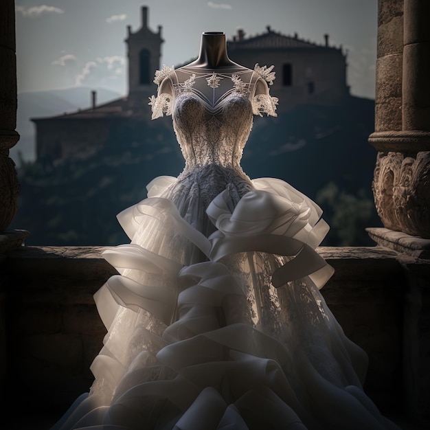 写真 a dress with a bridal on it is displayed in front of a window