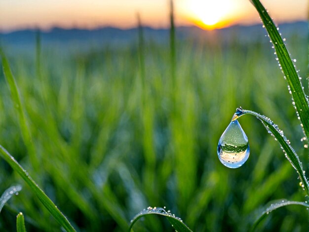 写真 水の滴が草の葉に落ちている