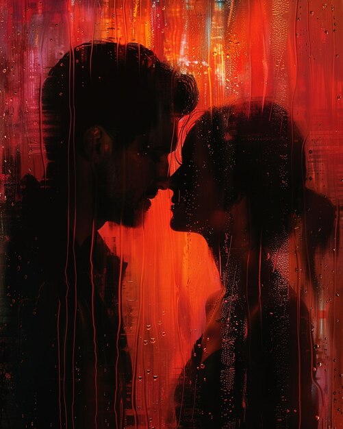 Фото Динамическое цифровое полотно, иллюстрирующее страстный поцелуй под ливнями