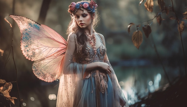 Фото Сказочная принцесса на природе, украшенная перьями и короной, созданной искусственным интеллектом