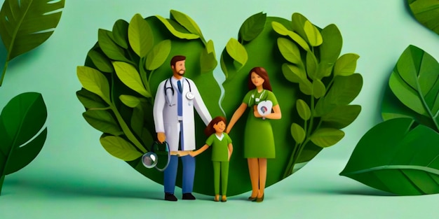 Фото Семья, держащаясь за руки с миром сердца и стетоскопом на зеленых листьях