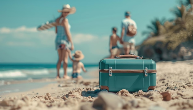 Фото Семья гуляет по пляжу с чемоданом на заднем плане.