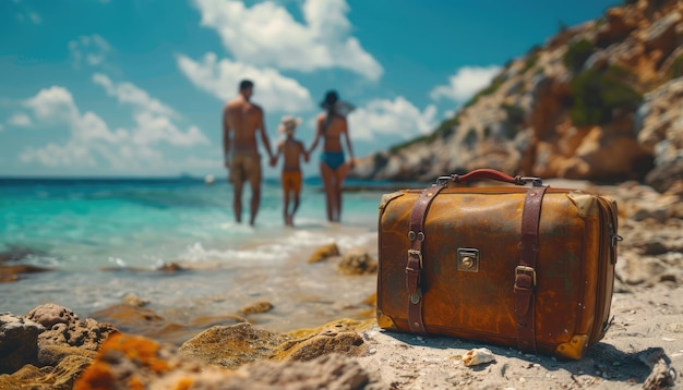 写真 家族が背景にスーツケースを持ってビーチを歩いています
