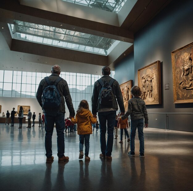 Фото Семья смотрит на картины в музее с одним из них, держащим руку ребенка
