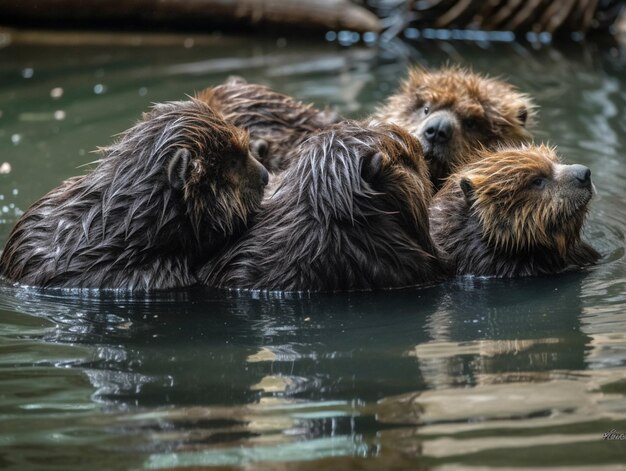 写真 ビーバーの家族が池で泳いでいます。