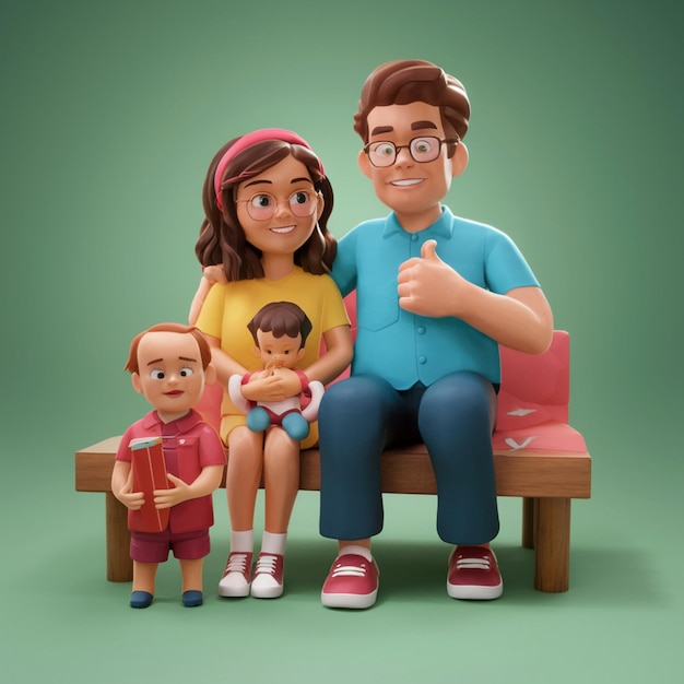 Фото Семья из трех человек сидит на скамейке с человеком, поднимающим большой палец