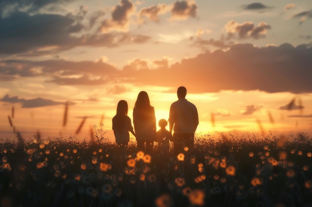 写真 美しい野原で一緒に立っている家族背景に夕暮れの暖かい色家族や自然をテーマにしたプロジェクトに最適です