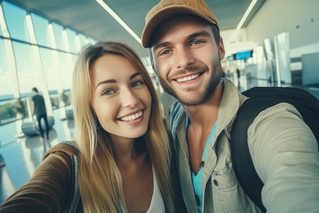 写真 空港での家族旅行者のセルフィー