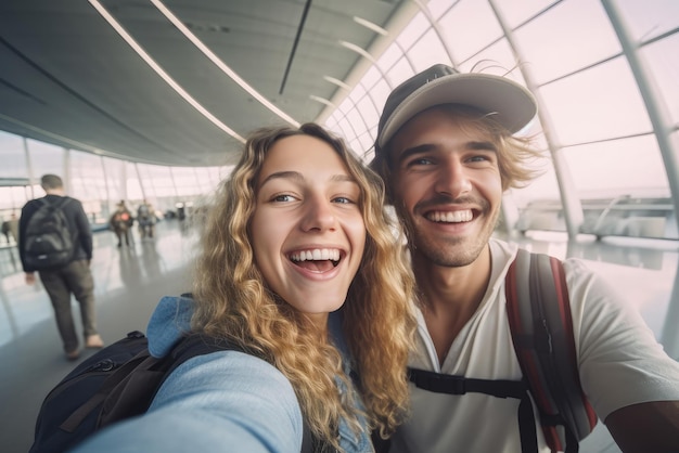 写真 空港での家族旅行者のセルフィー