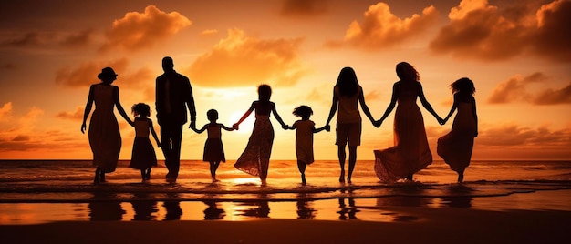 Фото Семья гуляет по пляжу с детьми, держащимися за руки