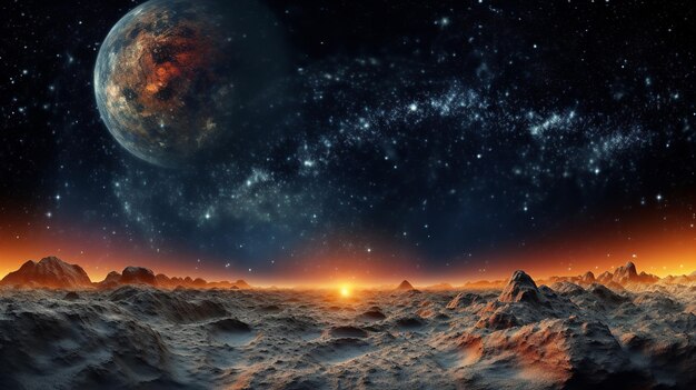 Фото Фантастическое изображение сверхземной сцены с большой подробной планетой в звездном небе, освещающей скалистую местность внизу