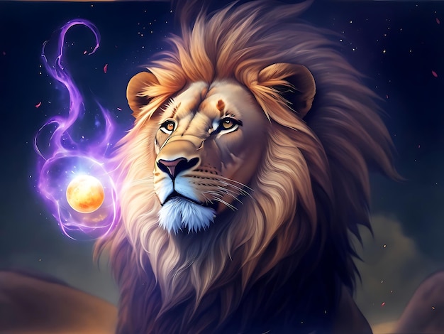 Фото Фэнтезийный лев посреди красок в волшебном заколдованном месте