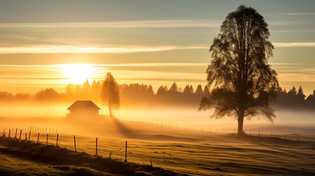 写真 霧の中に納屋と木のある農場
