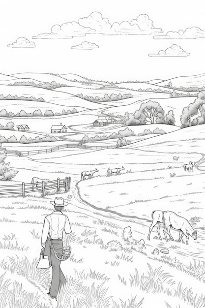 사진 멀리 있는 카우보이가 있는 농장 색칠하기 책
