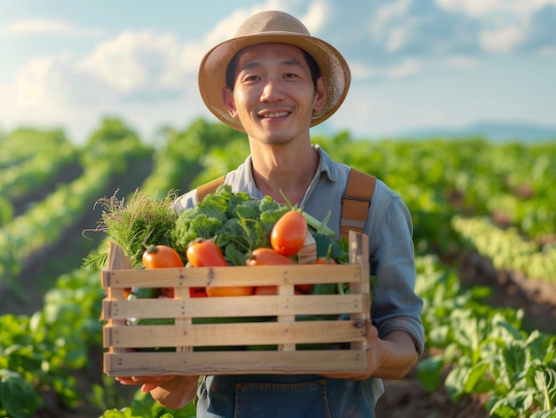 写真 畑で野菜のバスケットを持った農夫