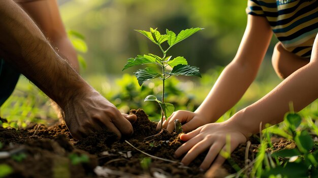写真 父と息子が土に木を植えています 父は木を握り 息子は土で覆っています