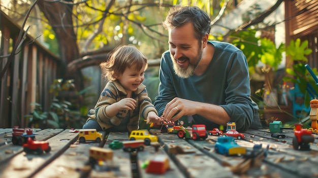 写真 おもちゃの列車と車で遊ぶ父と息子