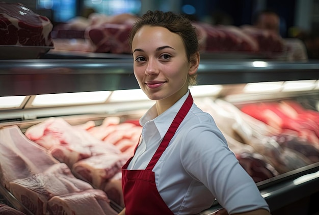Фото Покупательница у мясного прилавка стоит перед свининой в стиле софтфокус
