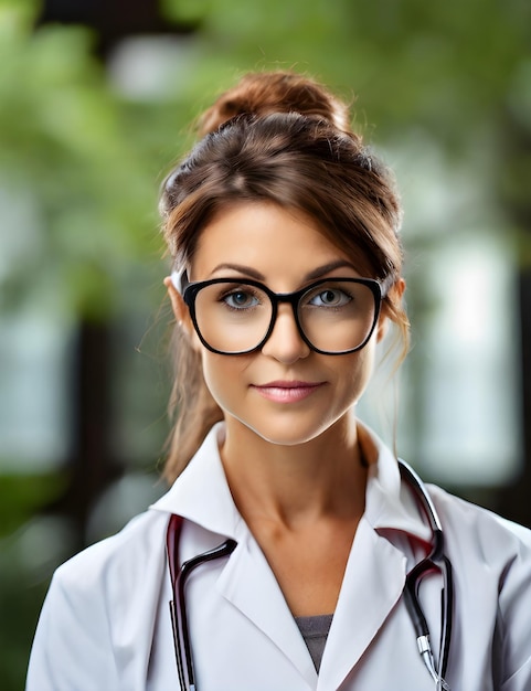 写真 眼鏡と赤と白のシャツを着た女性医師