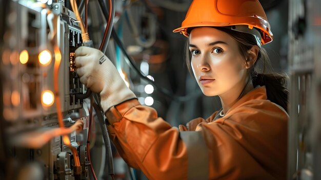 写真 暗い部屋で電気パネルで働く女性電気技師 コンセプト プロの照明 電気作業 女性のエンパワーメント 暗い環境の職業