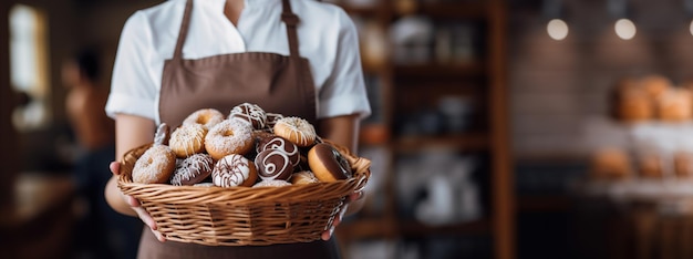 Фото a female pastry chef holds a basket of fresh delicious donuts banner place for text