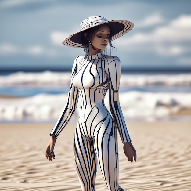 Foto a female robot dressed in a white black striped generative ai