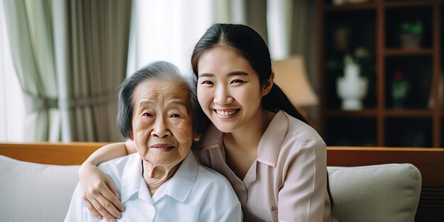 사진 여성 자원봉사 의사가 늙은 할머니를 돕는다