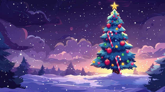 Фото Праздничная рождественская елка, украшенная красочными украшениями, кондитерскими тростниками и светящейся звездой на вершине мультфильма vector illustration generative ai