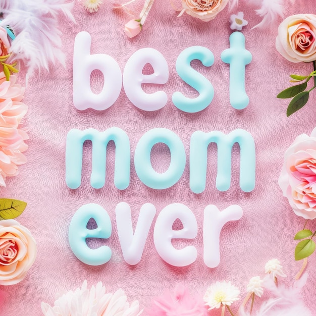 사진 3d 텍스트를 특징으로하는 축제 디스플레이 가장 좋은 엄마는 섬세한 꽃 사이에서 대담한 글자를 올렸습니다.
