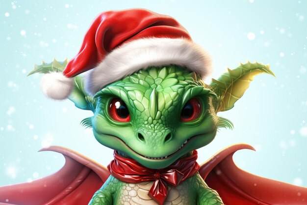 Фото Праздничный зеленый дракон в шляпе и шарфе санта-клауса идеально подходит для праздничных дизайнов и рождественских иллюстраций