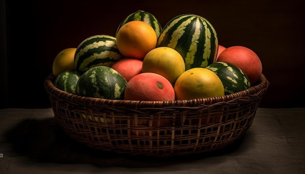 사진 인공지능에 의해 생성된 신선한 유기농 음식의 다채로운 바구니와 함께 축제 테이블