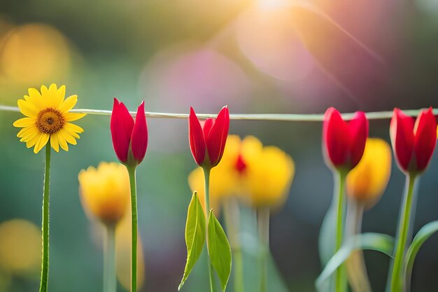 写真 いくつかの赤い花が畑で育ち太陽がそれらを照らしている