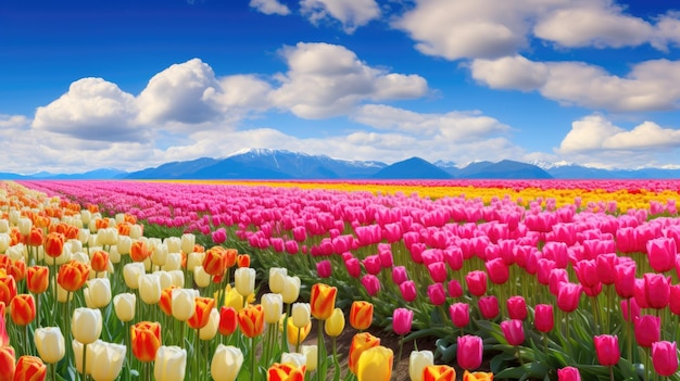 Фото Поле разноцветных тюльпанов на фоне гор.